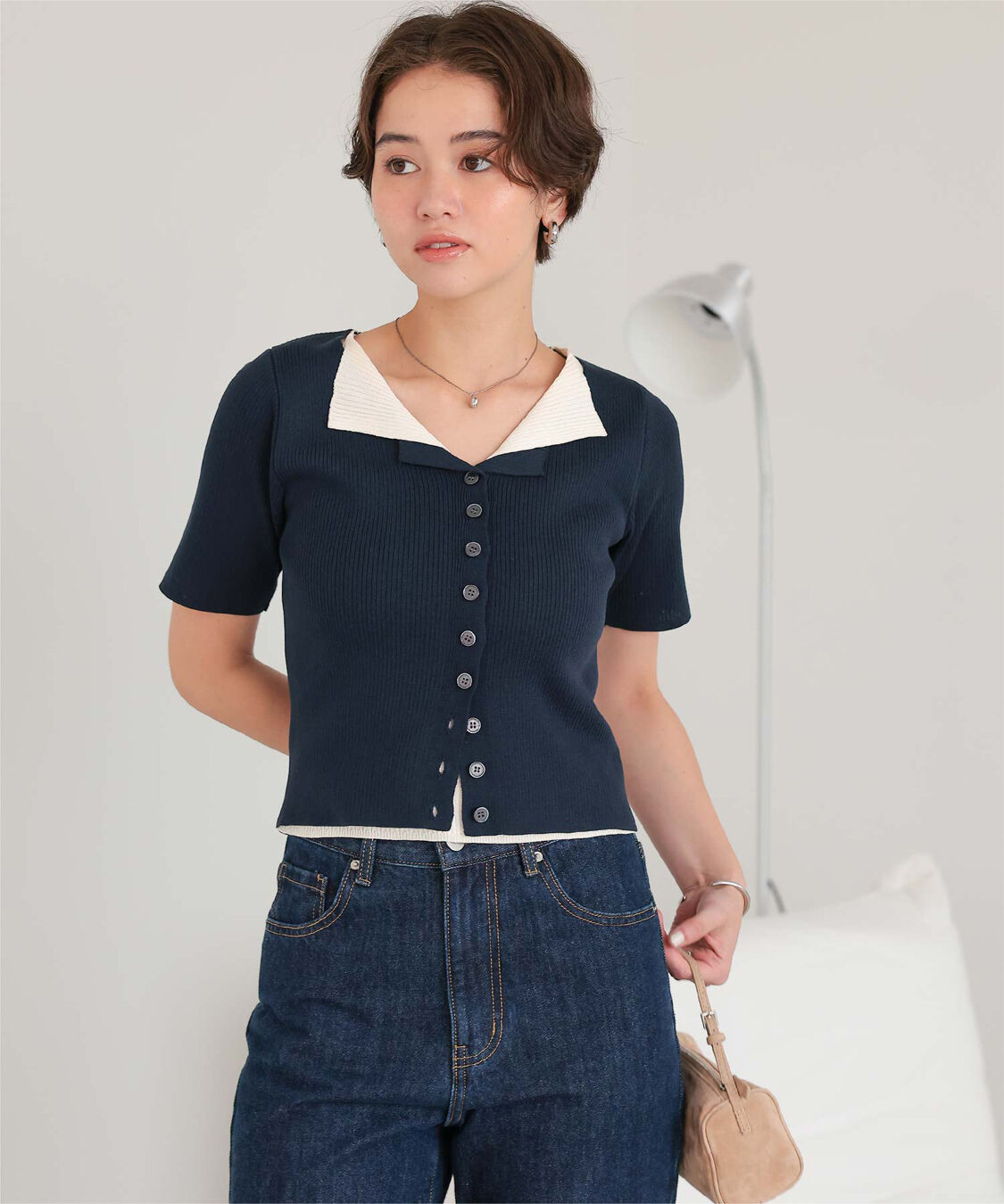 titivate「レイヤード風ハーフスリーブリブニットトップス」|ニット・セーター|