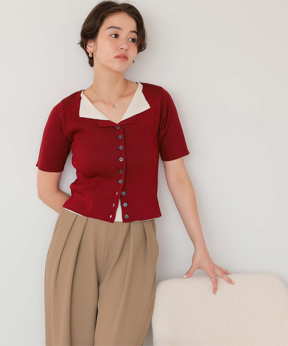 titivate「レイヤード風ハーフスリーブリブニットトップス」|ニット・セーター|