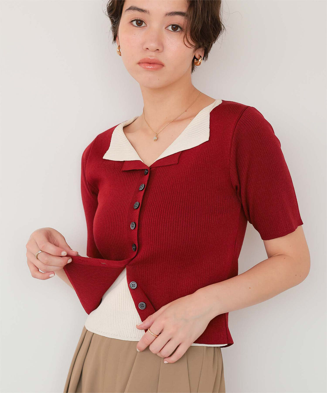 titivate「レイヤード風ハーフスリーブリブニットトップス」|ニット・セーター|