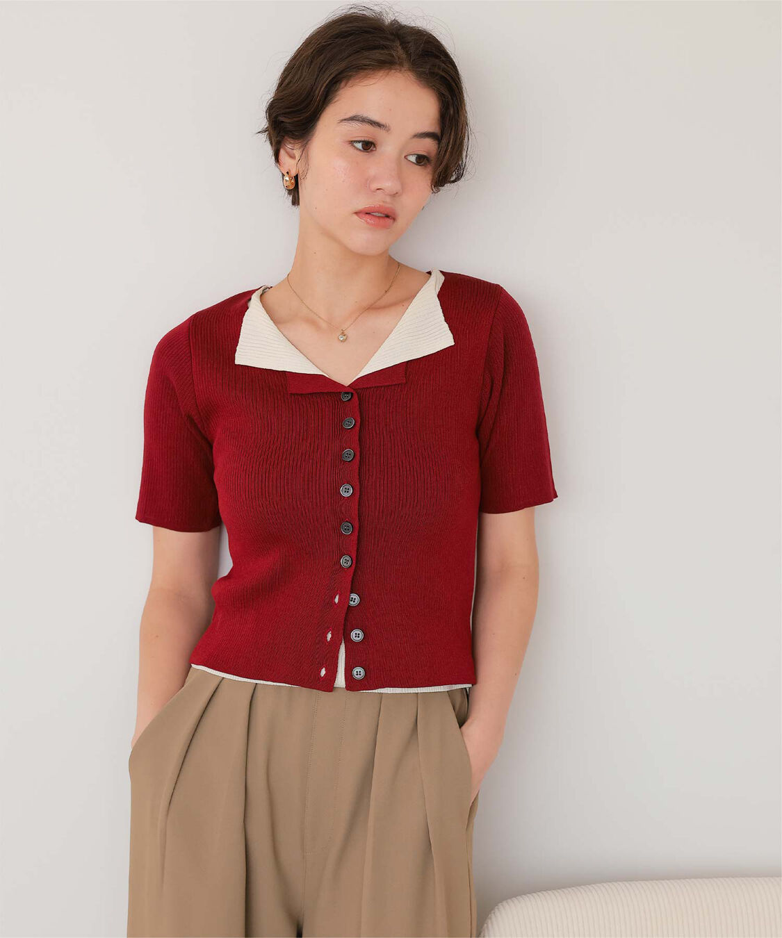 titivate「レイヤード風ハーフスリーブリブニットトップス」|ニット・セーター|