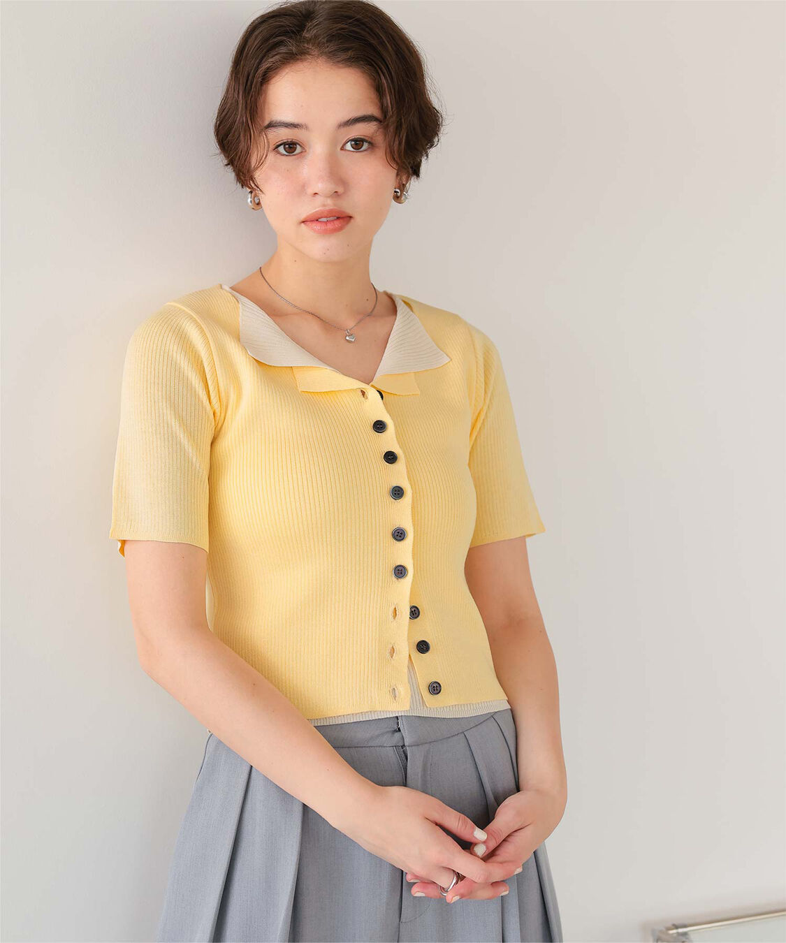 titivate「レイヤード風ハーフスリーブリブニットトップス」|ニット・セーター|