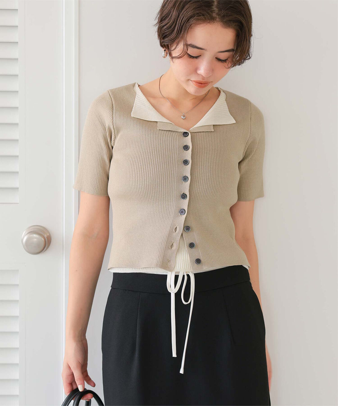 titivate「レイヤード風ハーフスリーブリブニットトップス」|ニット・セーター|