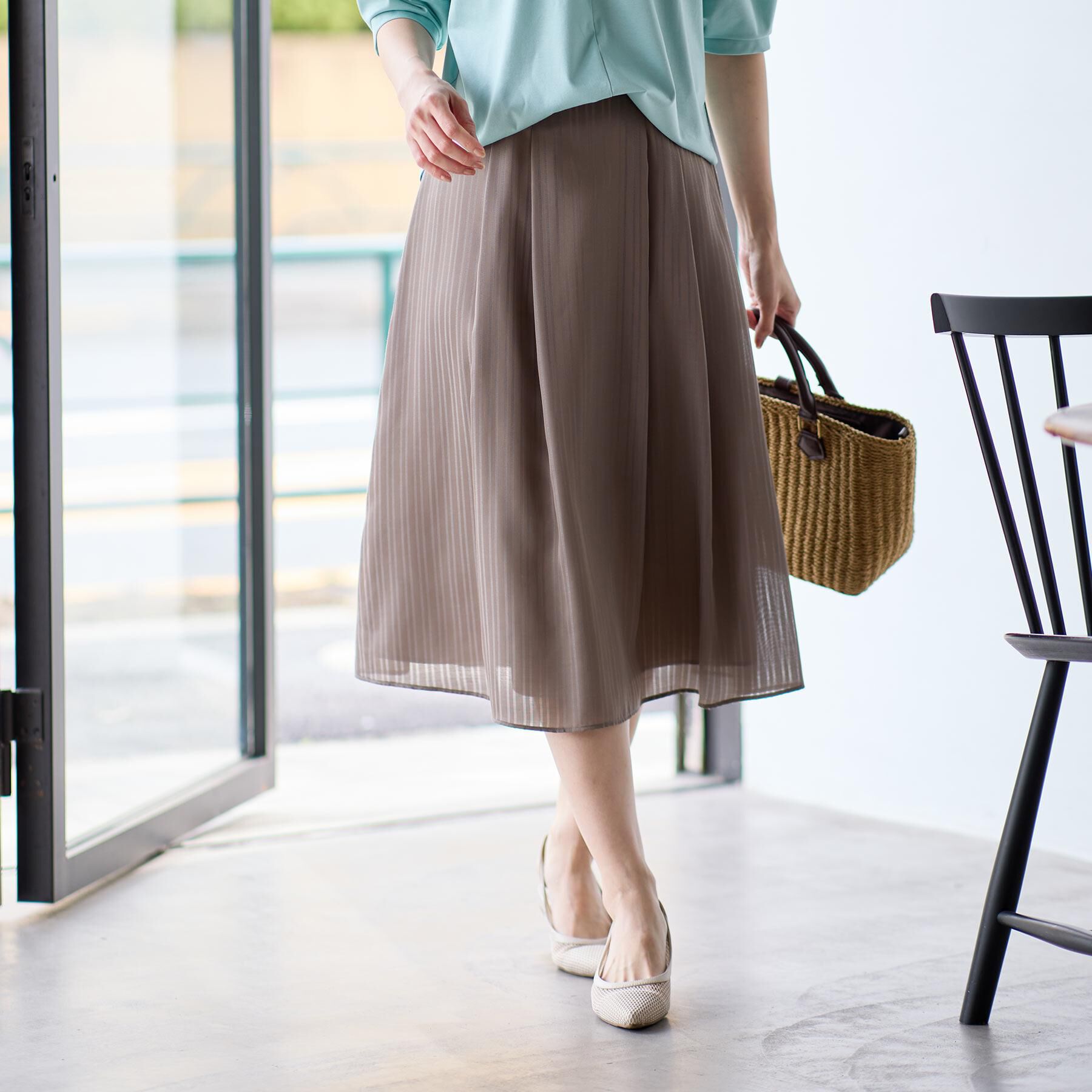 Reflect「【マシンウォッシュ可】Aラインストライプスカート」|スカート|カーキ(327)