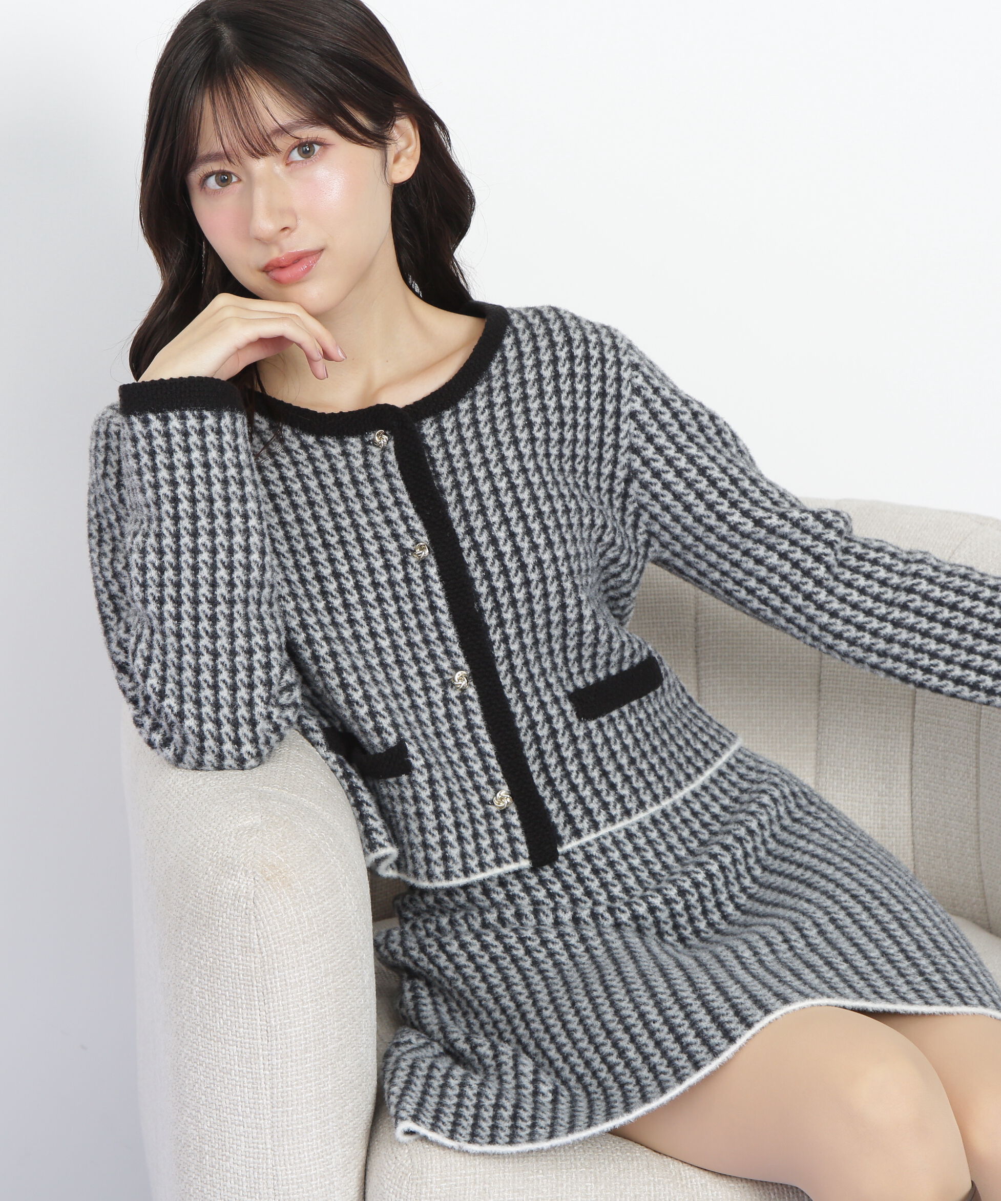  「千鳥ジャガードニットセットアップ」|ワンピース|ブラック1