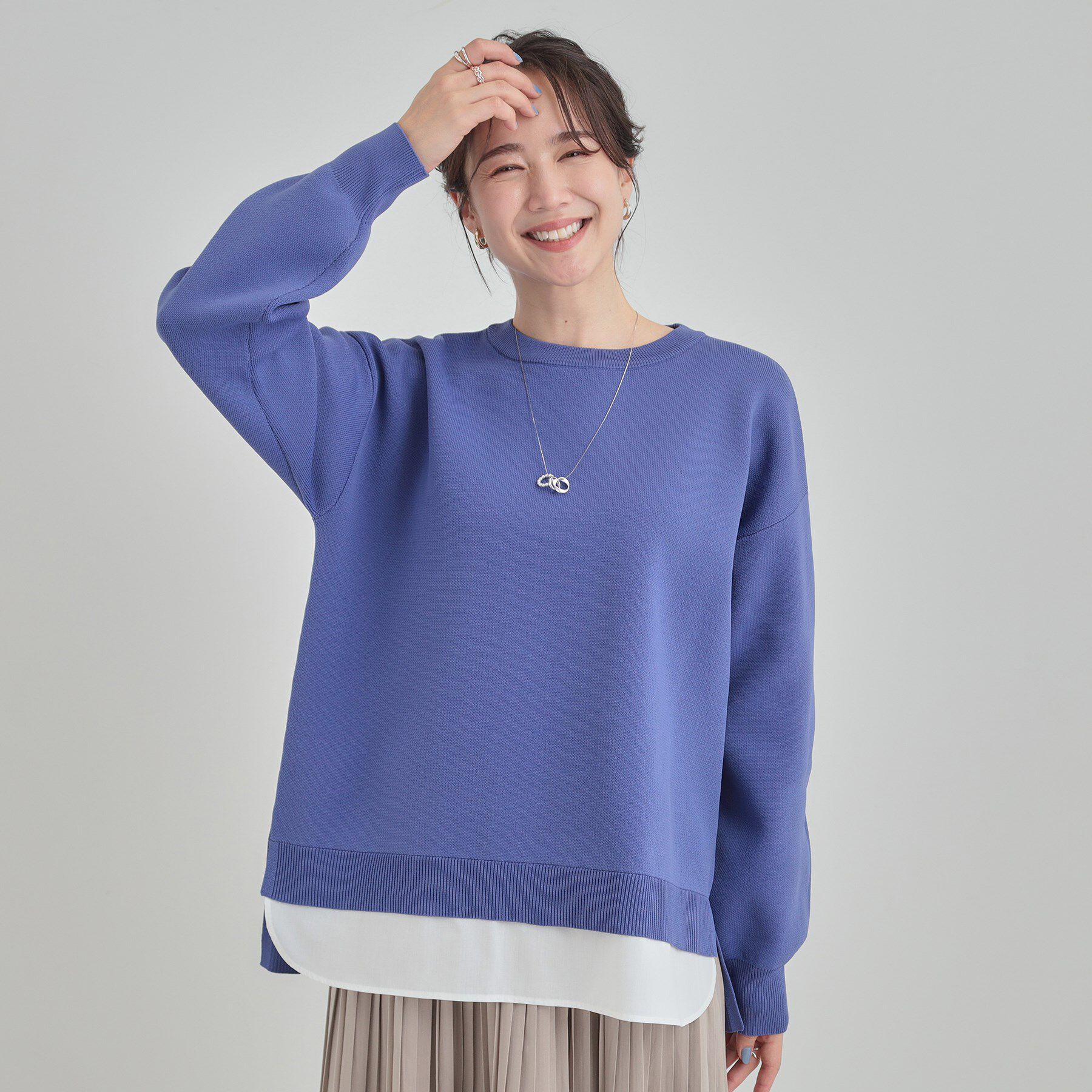 SHOO･LA･RUE「【洗濯機可/S-LL】さらに軽くなった スポンディッシュ裾フェイクトップス」|ニット・セーター|