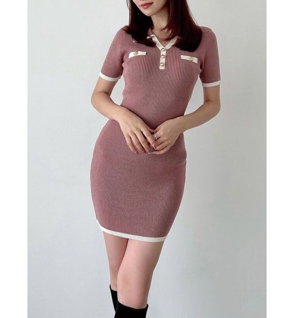 RESEXXY「ゴールドボタンバイカラーニットポロワンピース」|ワンピース|ピンク