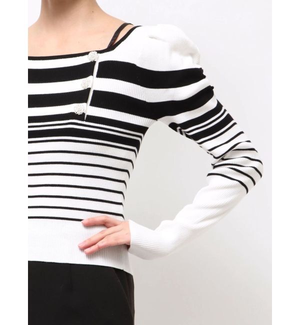 MERCURYDUO「サイドビジューボタンパフスリーブニット」|ニット・セーター|