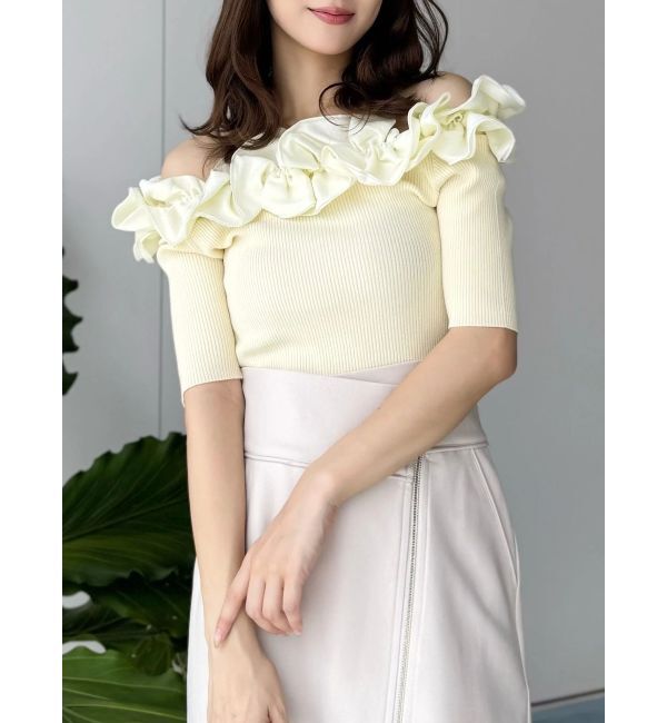 MERCURYDUO「2WAY異素材ランダムラッフルニット」|ニット・セーター|レモン