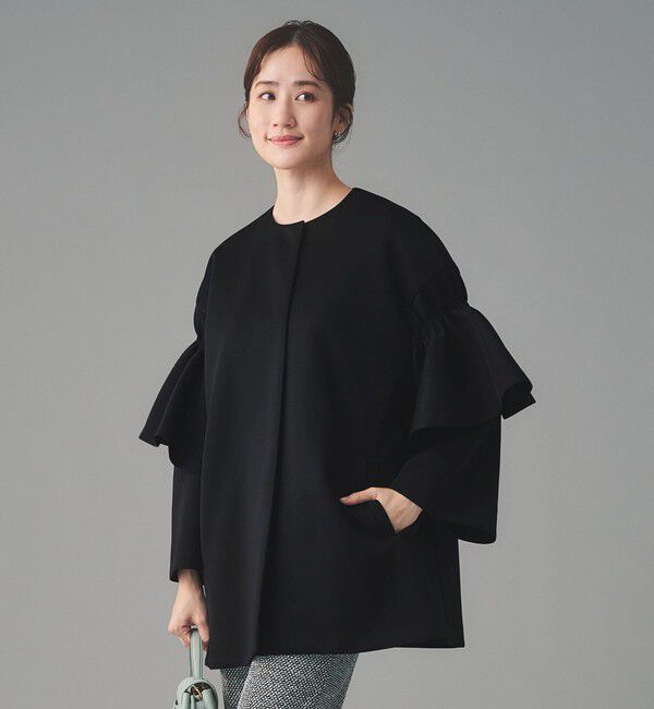 UNITED ARROWS「SPONGY フレアスリーブ コート」|ノーカラーコート|BLACK