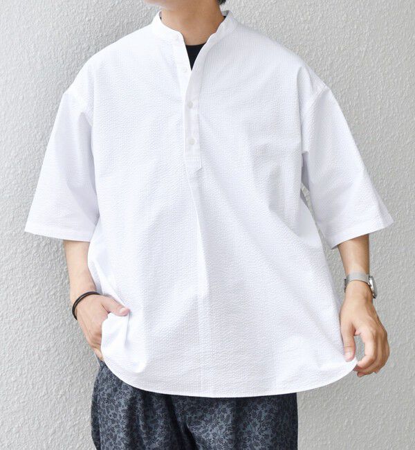 SHIPS any「SHIPS any: シアサッカー ストライプ バンド スキッパー ハーフスリーブ シャツ◇」|シャツ・ブラウス|ホワイト