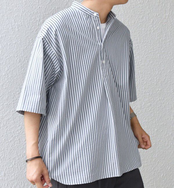 SHIPS any「SHIPS any: シアサッカー ストライプ バンド スキッパー ハーフスリーブ シャツ◇」|シャツ・ブラウス|ブルー