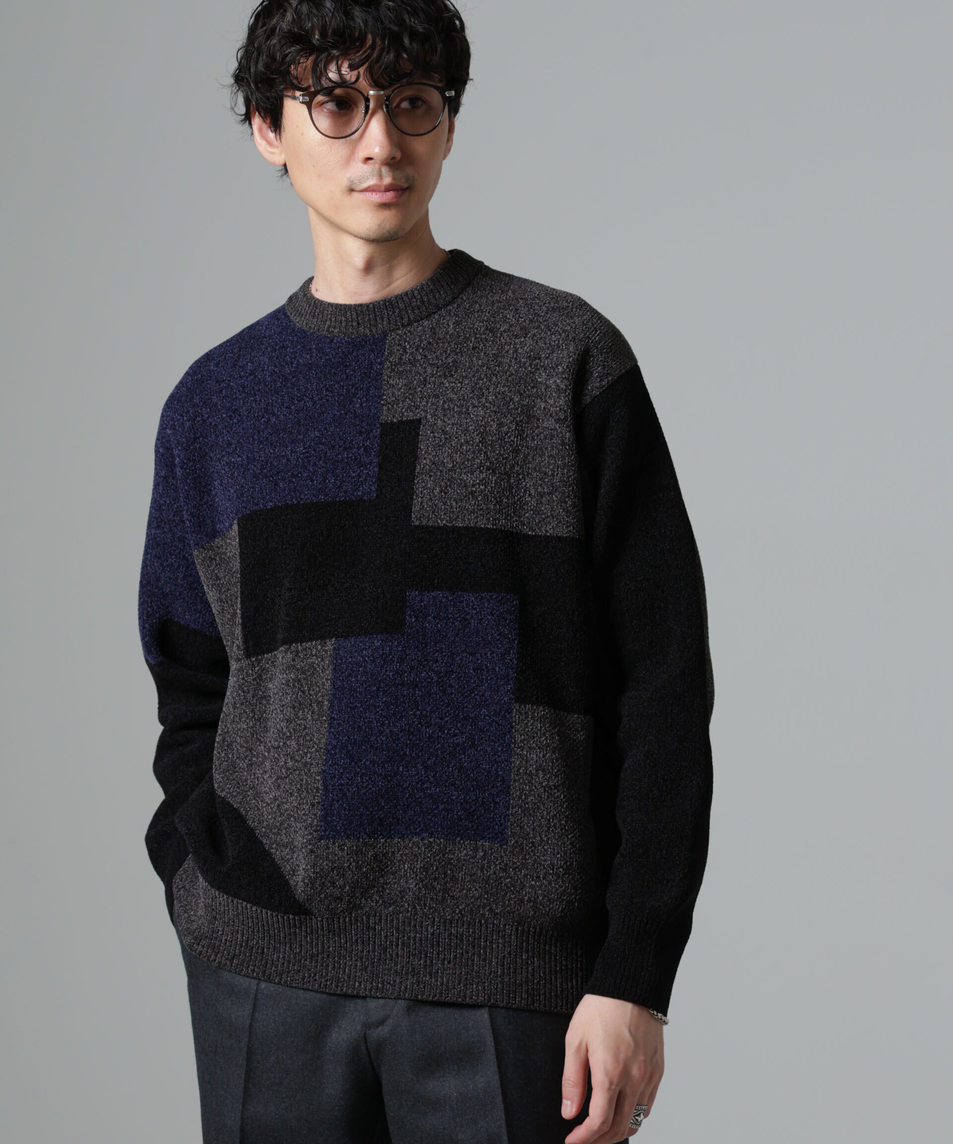 nano･universe「モールヤーンカラーブロッキングクルーネックニット」|ニット・セーター|
