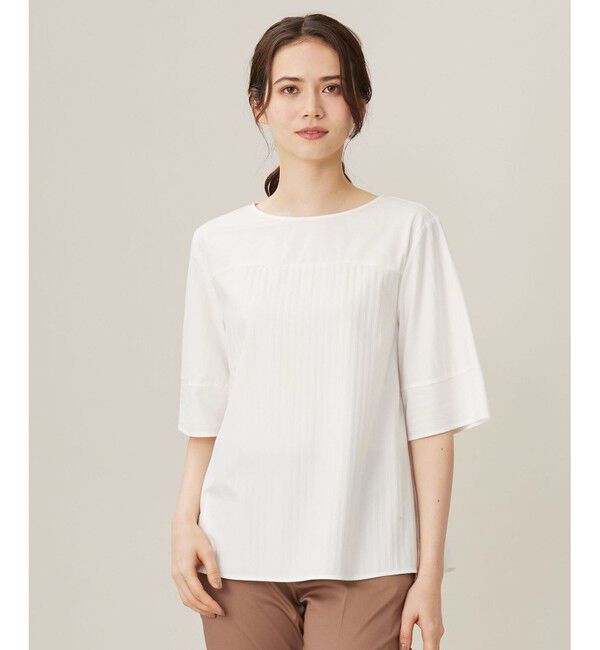 自由区「【洗える】ストレッチシャーティング5分袖 ブラウス」|シャツ・ブラウス|オフホワイト