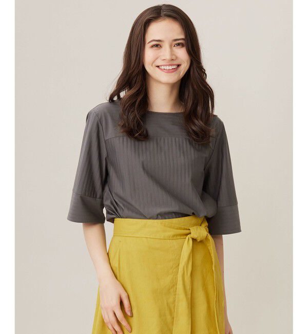 自由区「【洗える】ストレッチシャーティング5分袖 ブラウス」|シャツ・ブラウス|スレート