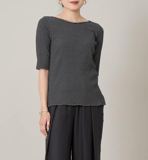 Liesse「ボートネック＆分袖ボーダープルオーバー」|Tシャツ・カットソー|ブラック&times;ホワイト