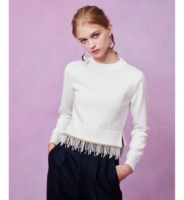 LOULOU WILLOUGHBY「【LOULOU WILLOUGHBY】フェイクパールフリンジフェザープルオーバー」|ニット・セーター|