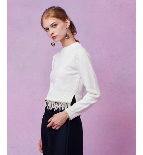 LOULOU WILLOUGHBY「【LOULOU WILLOUGHBY】フェイクパールフリンジフェザープルオーバー」|ニット・セーター|