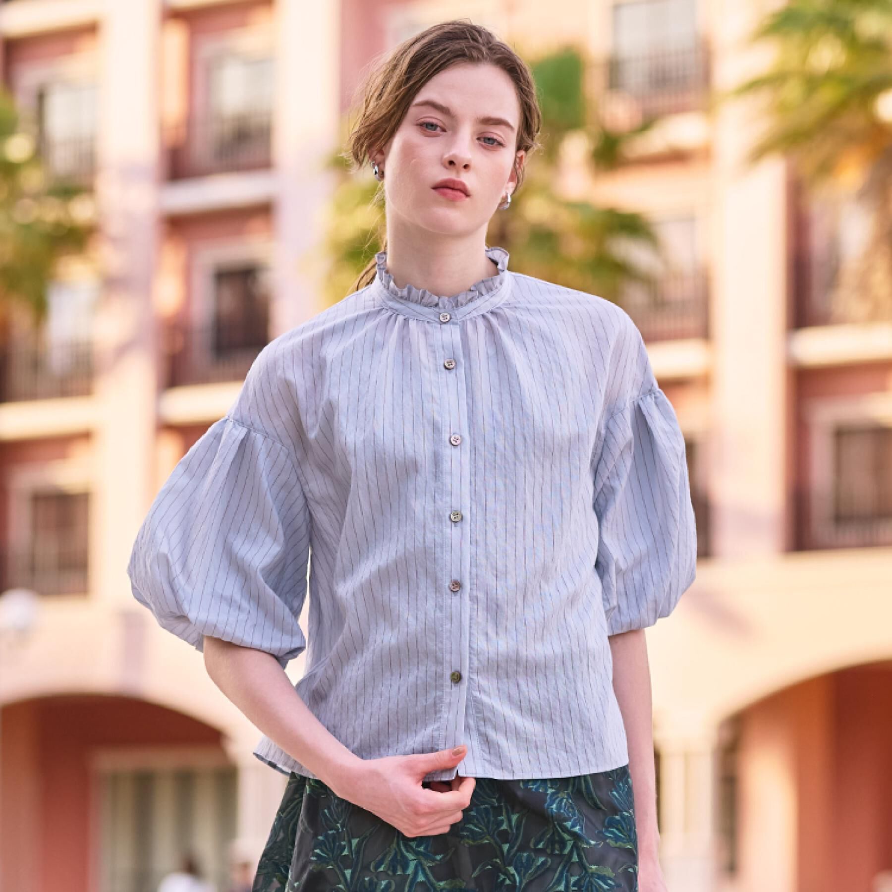 DRESSTERIOR「【洗える/前開き】ボリュームスリーブストライプブラウス」|シャツ・ブラウス|