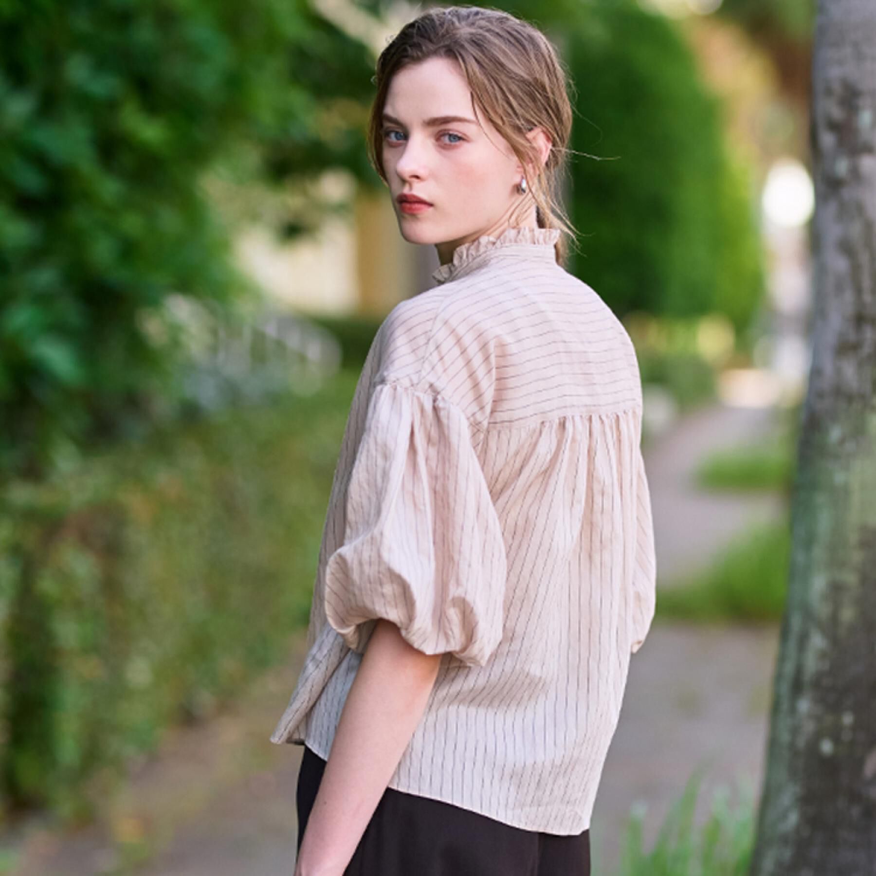 DRESSTERIOR「【洗える/前開き】ボリュームスリーブストライプブラウス」|シャツ・ブラウス|