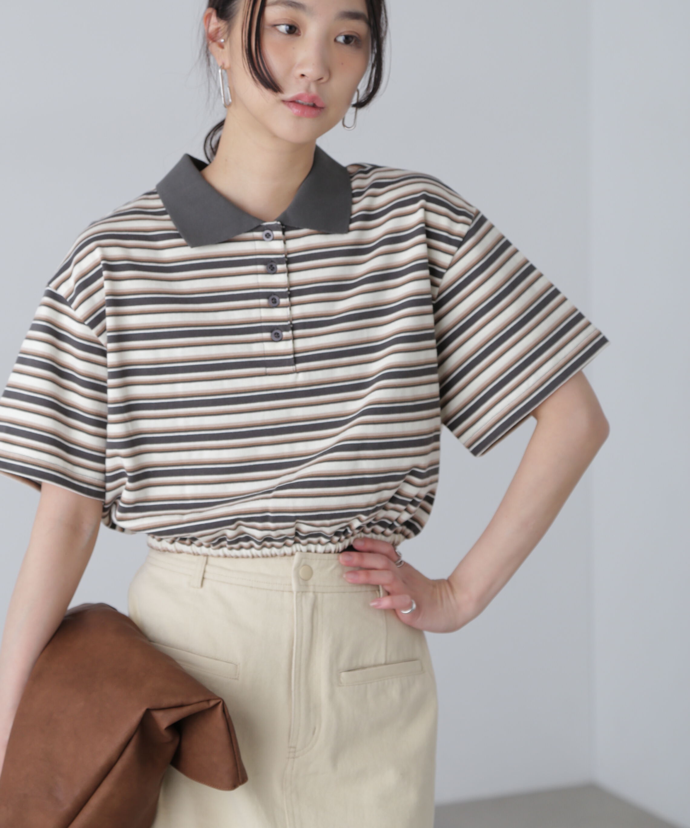  「ボーダーポロクロップドトップス」|Tシャツ・カットソー|