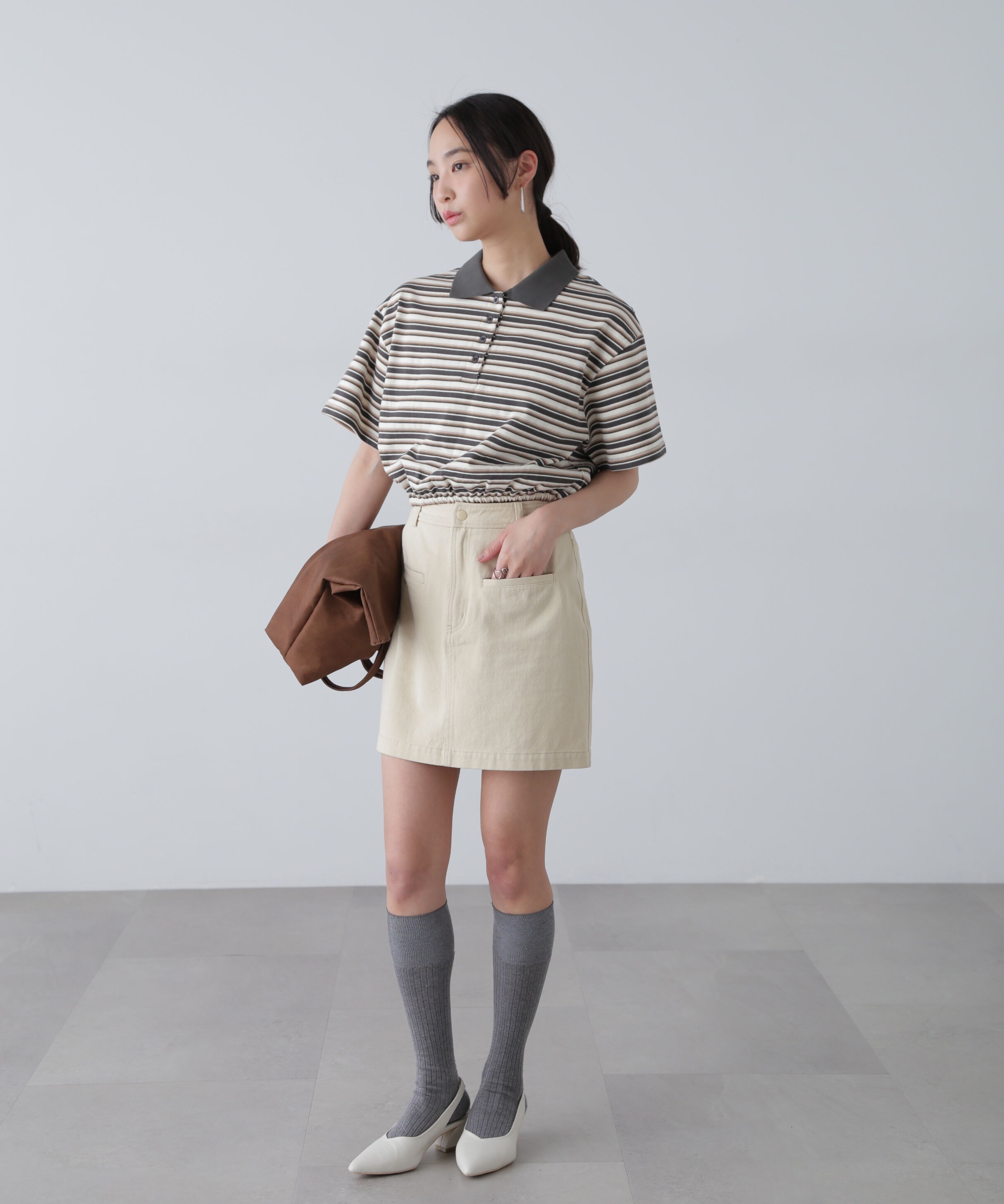  「ボーダーポロクロップドトップス」|Tシャツ・カットソー|