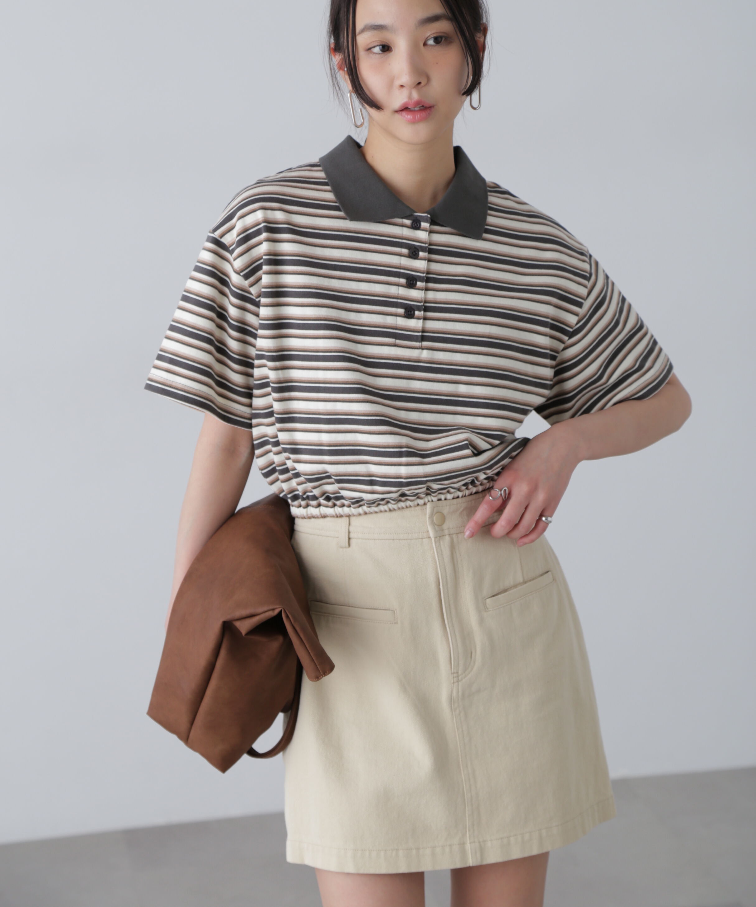  「ボーダーポロクロップドトップス」|Tシャツ・カットソー|