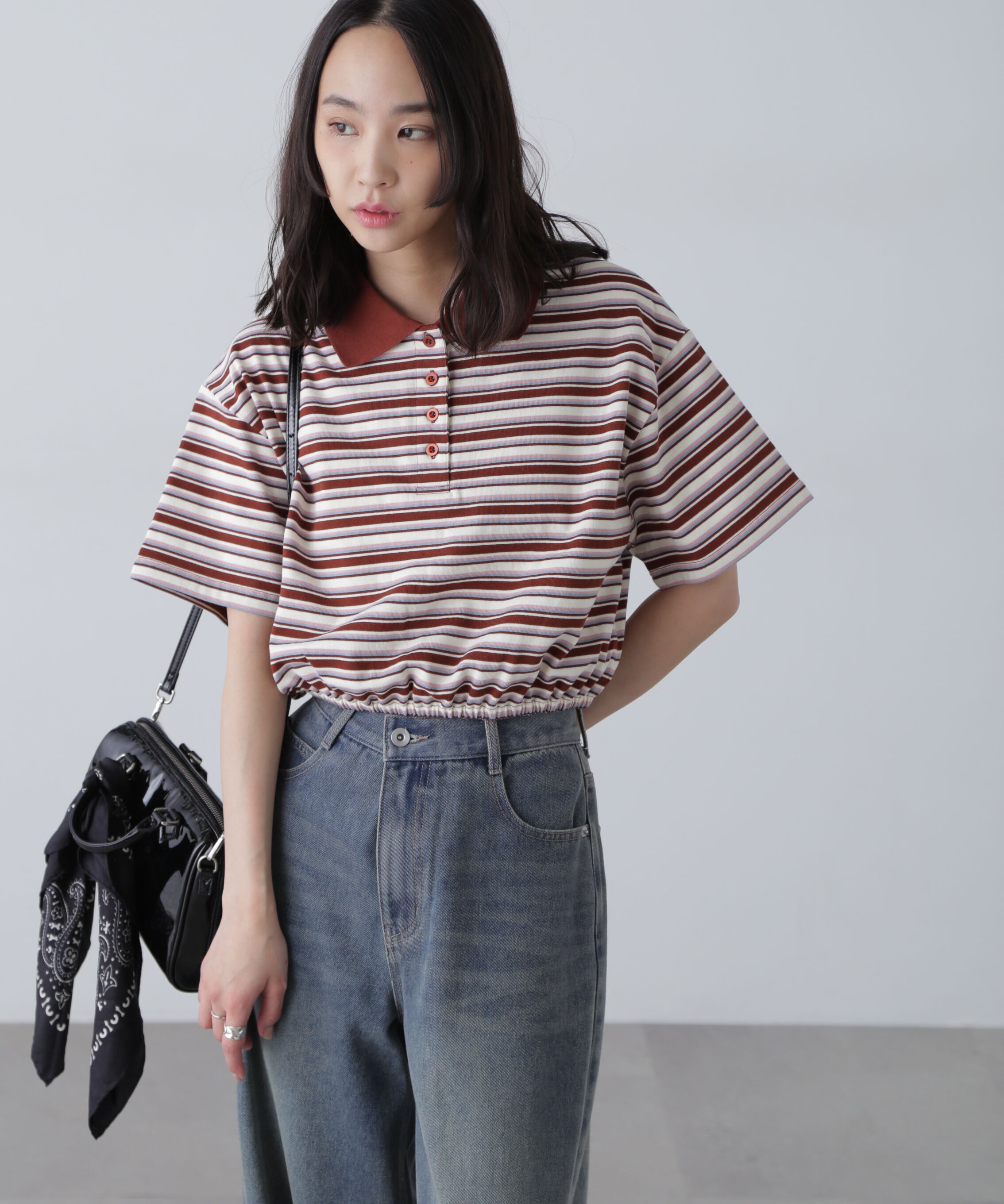  「ボーダーポロクロップドトップス」|Tシャツ・カットソー|