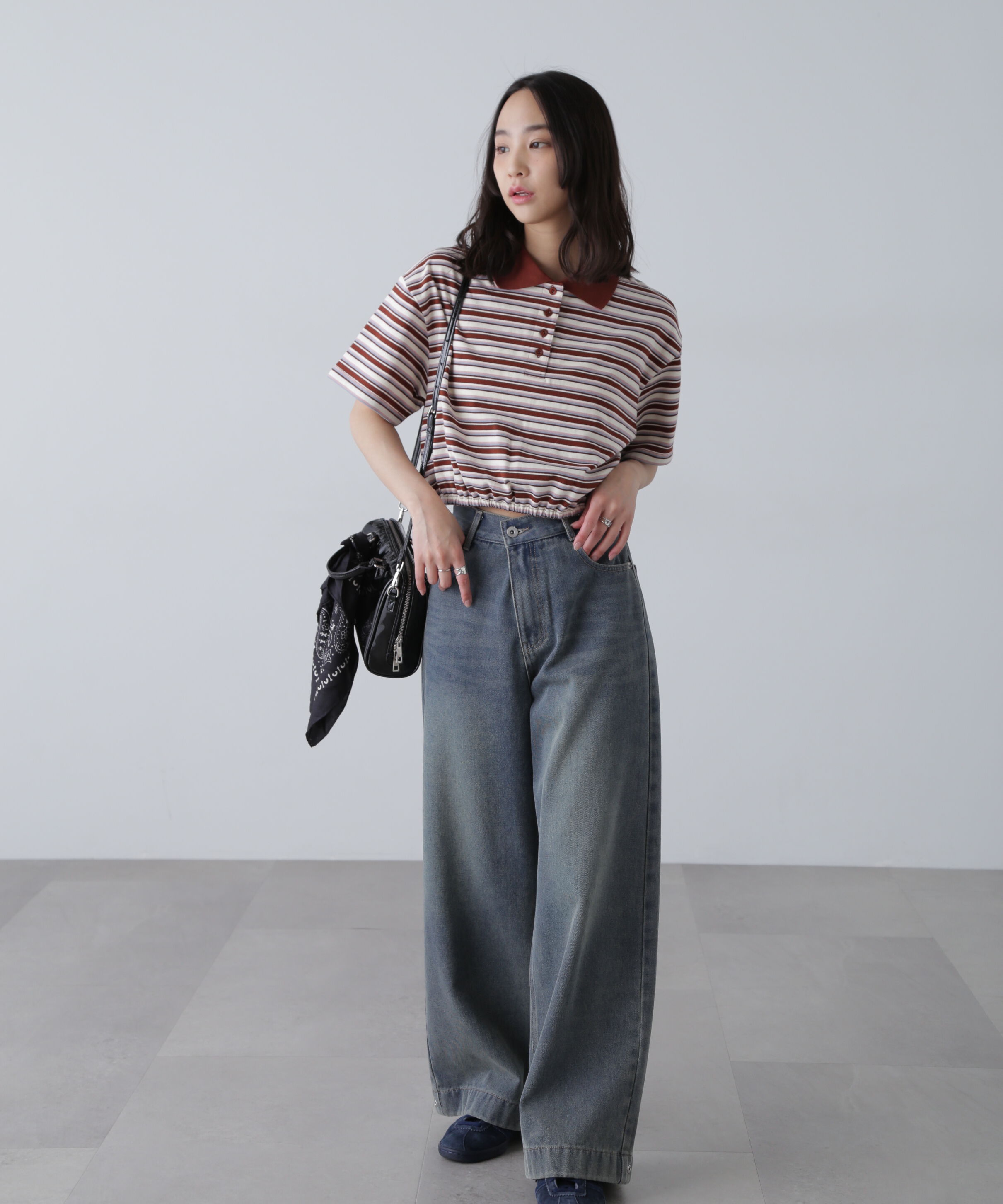  「ボーダーポロクロップドトップス」|Tシャツ・カットソー|