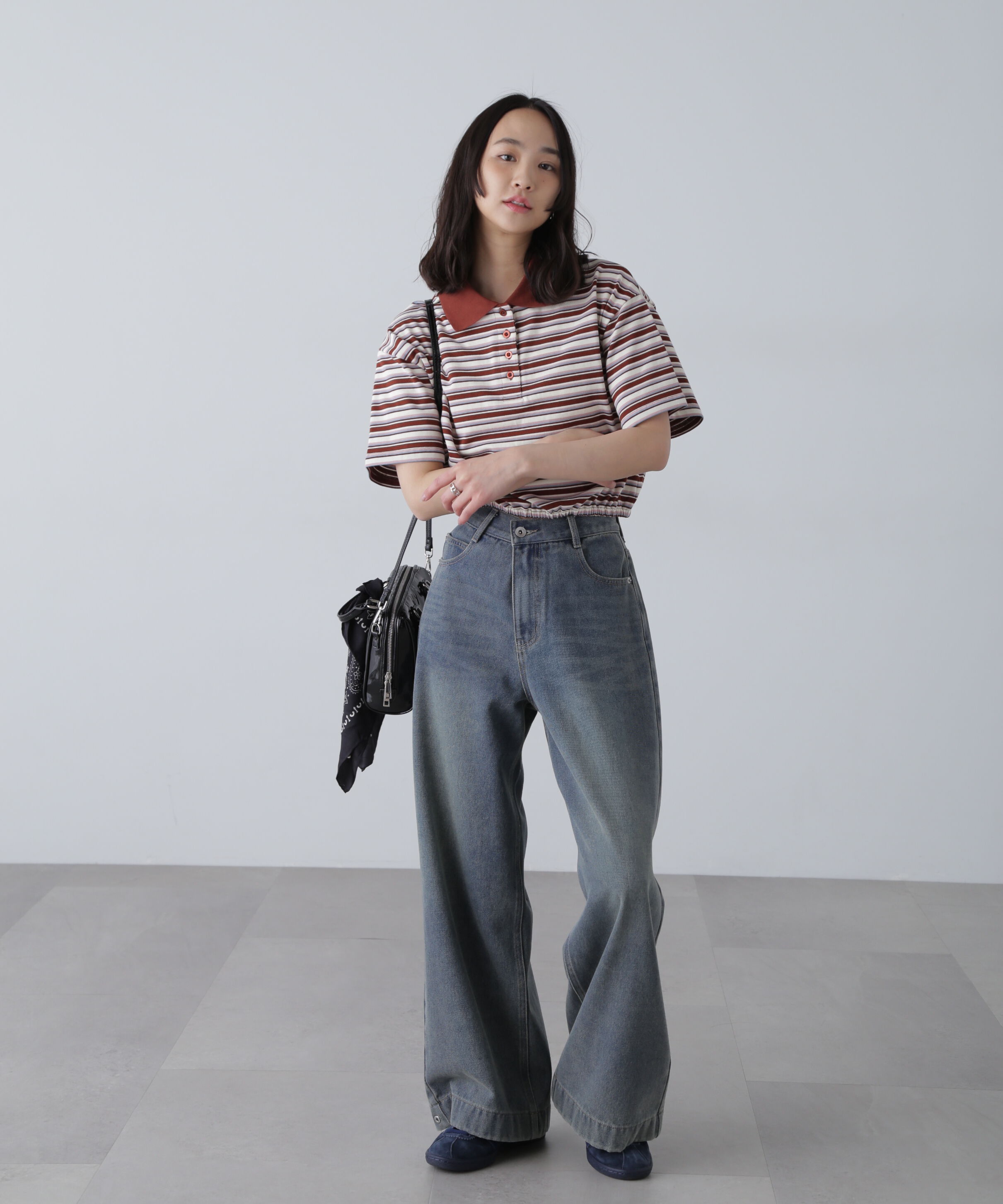  「ボーダーポロクロップドトップス」|Tシャツ・カットソー|