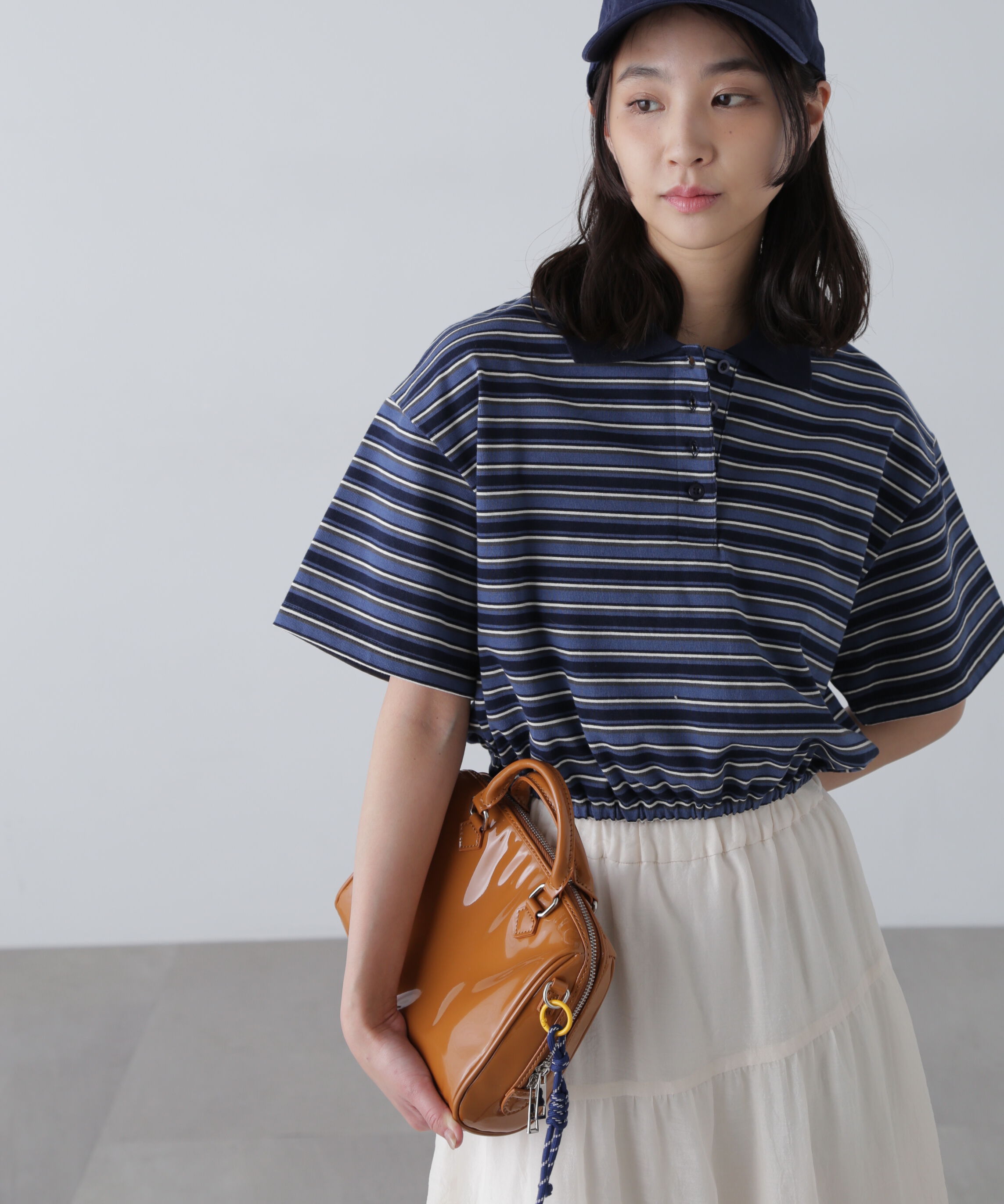  「ボーダーポロクロップドトップス」|Tシャツ・カットソー|ネイビー