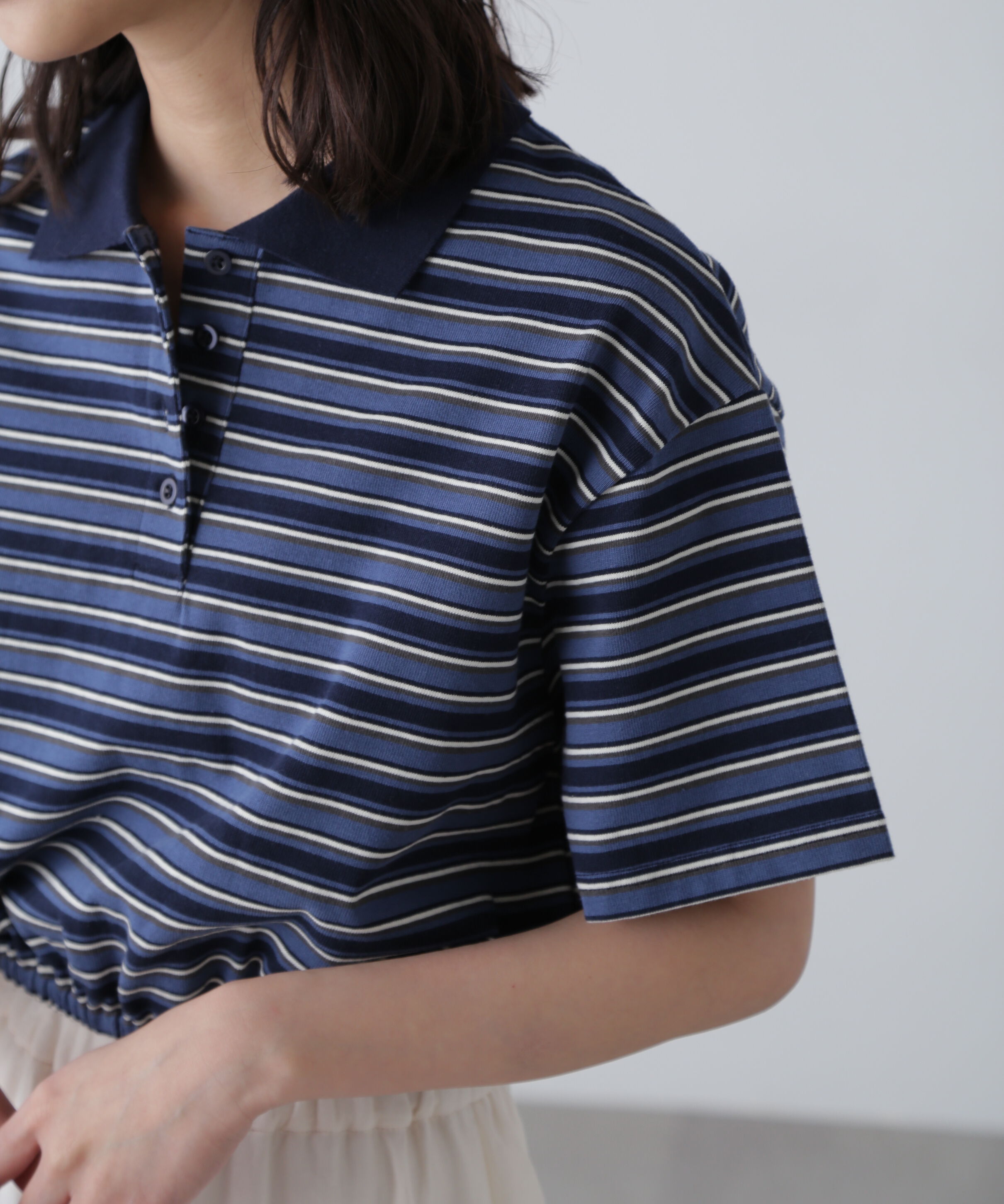  「ボーダーポロクロップドトップス」|Tシャツ・カットソー|
