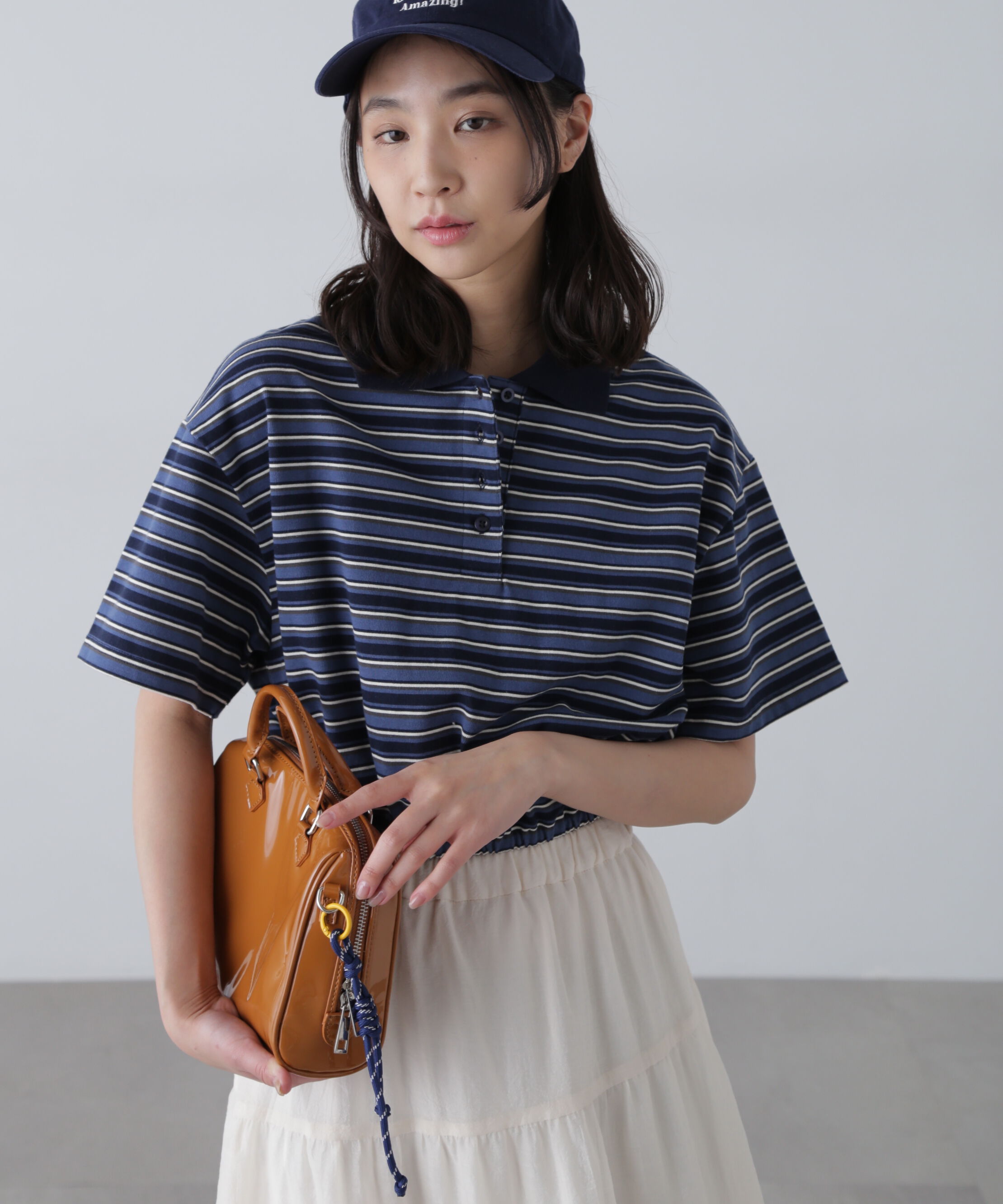  「ボーダーポロクロップドトップス」|Tシャツ・カットソー|