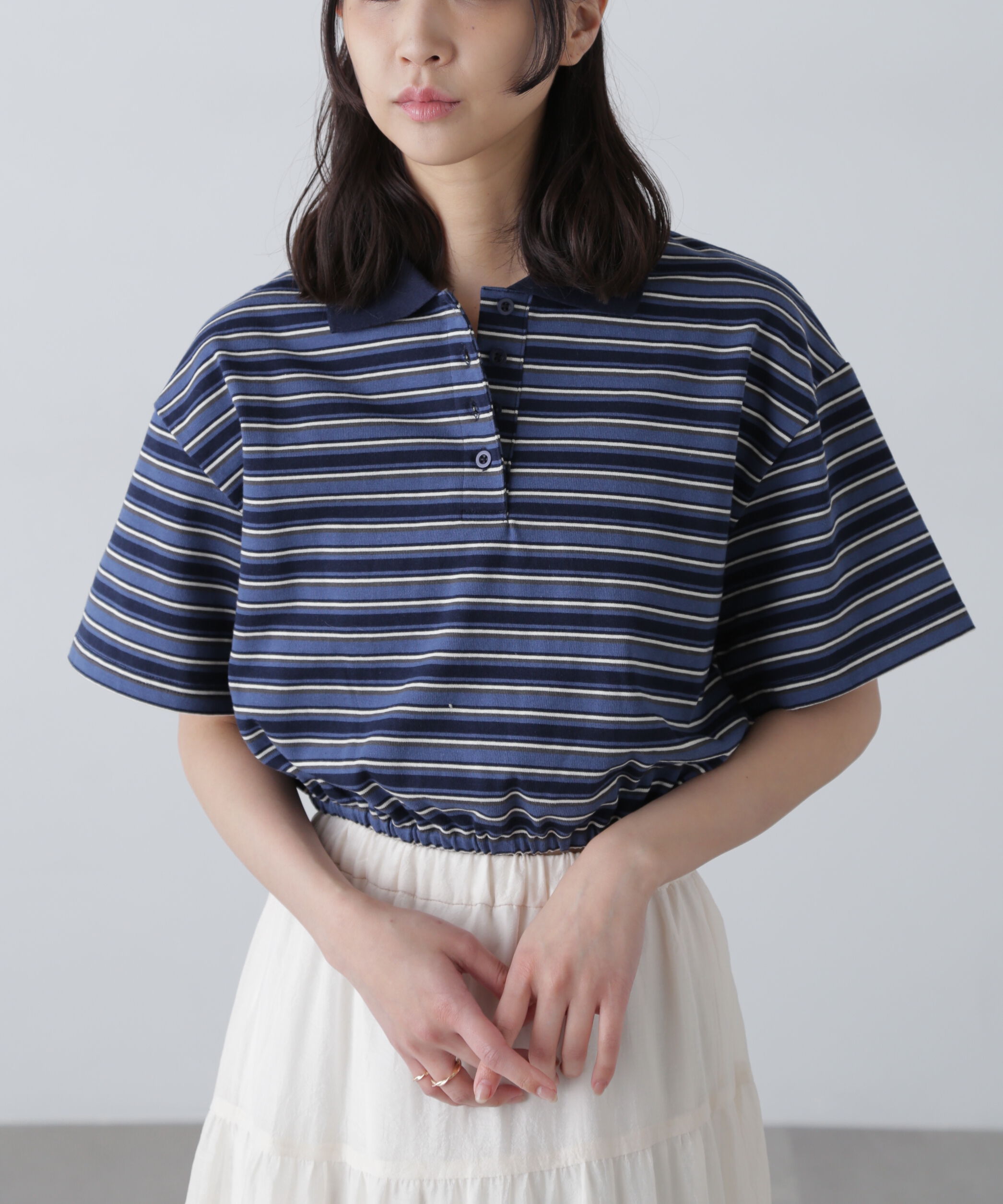  「ボーダーポロクロップドトップス」|Tシャツ・カットソー|