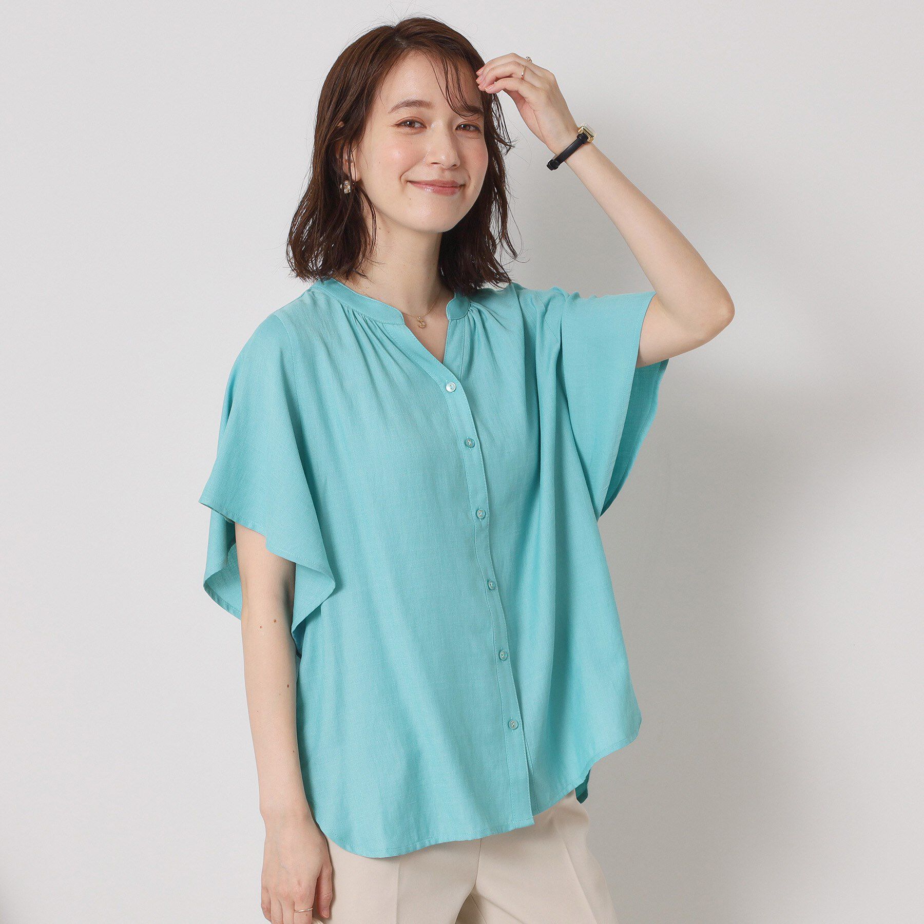 ITS&rsquo;DEMO「【接触冷感／羽織にも／手洗い可】強撚スラブフリル袖ブラウス」|シャツ・ブラウス|