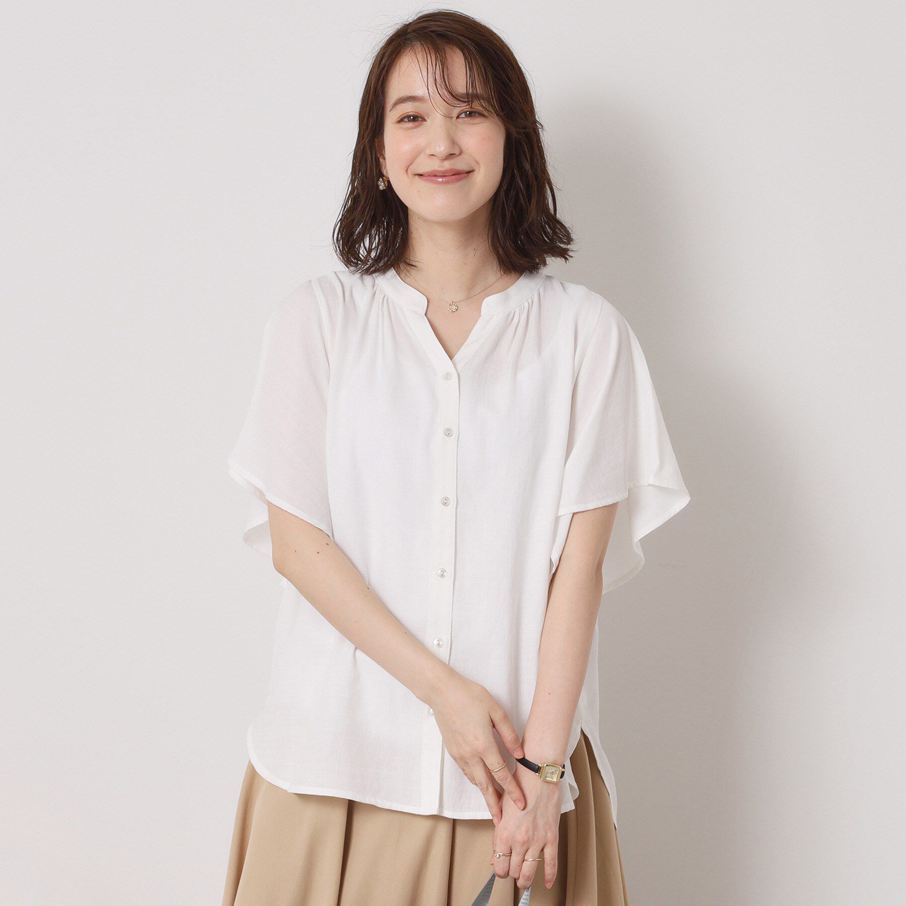 ITS&rsquo;DEMO「【接触冷感／羽織にも／手洗い可】強撚スラブフリル袖ブラウス」|シャツ・ブラウス|