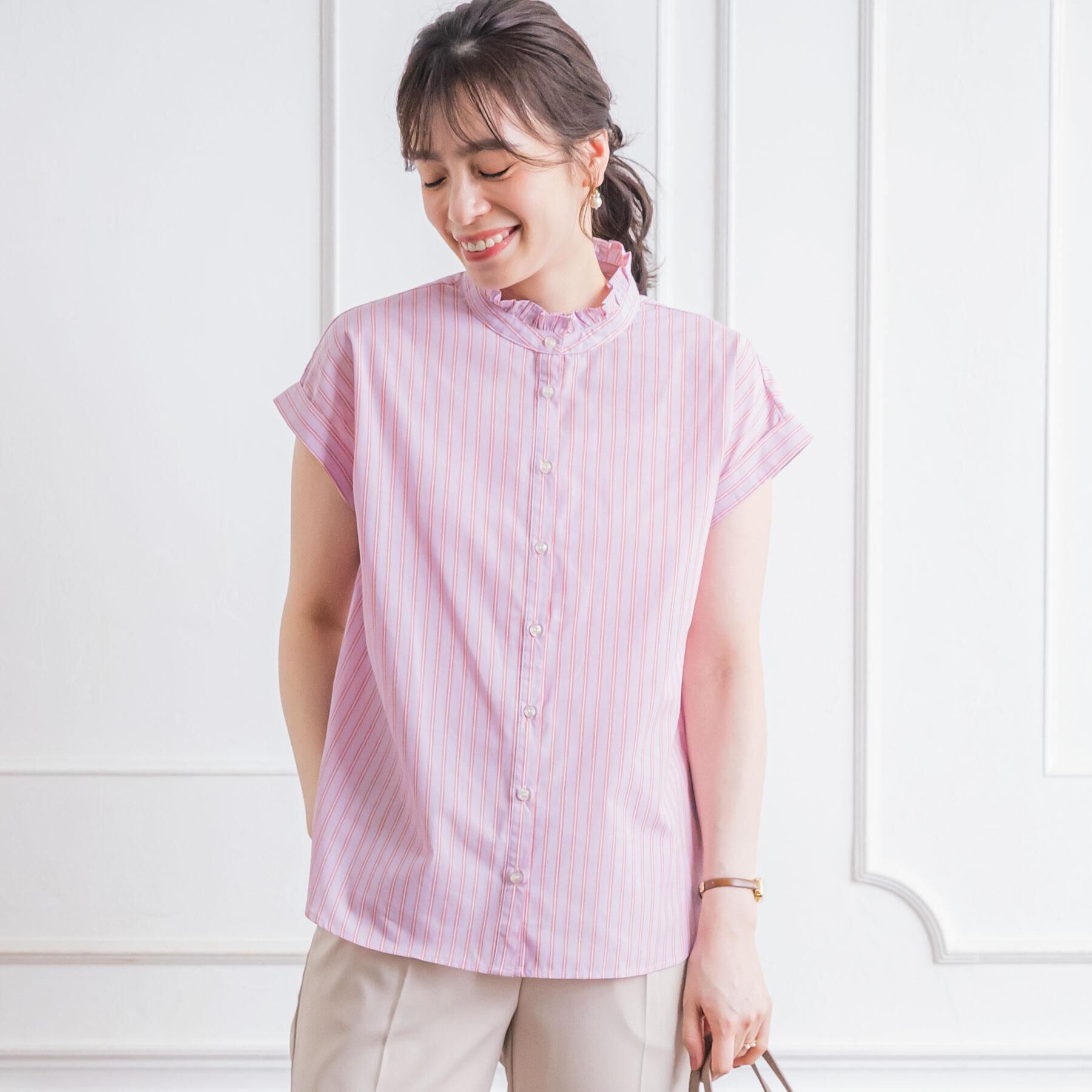 ITS&rsquo;DEMO「【手洗い可】スタンドフリルストライプブラウス」|シャツ・ブラウス|