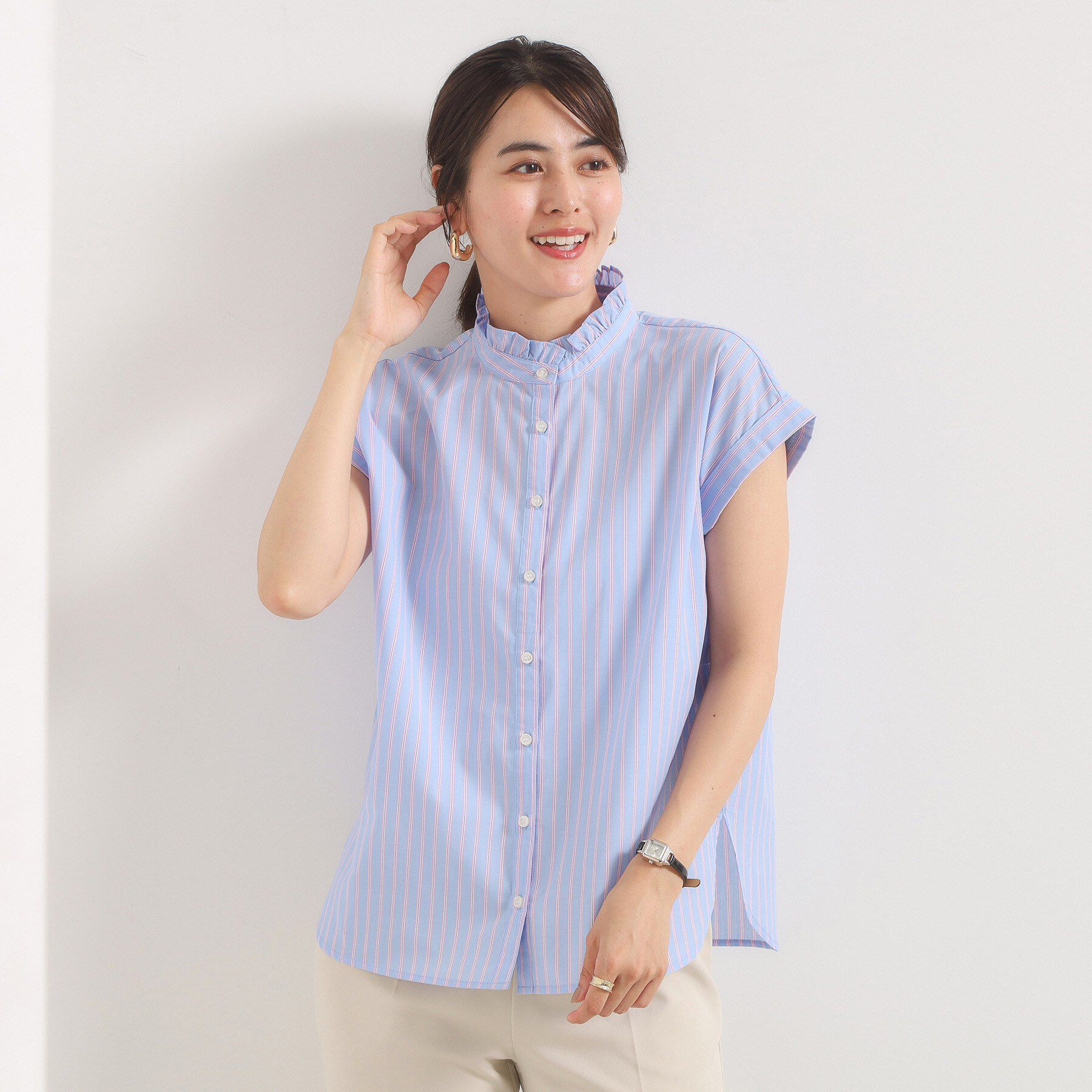 ITS&rsquo;DEMO「【手洗い可】スタンドフリルストライプブラウス」|シャツ・ブラウス|