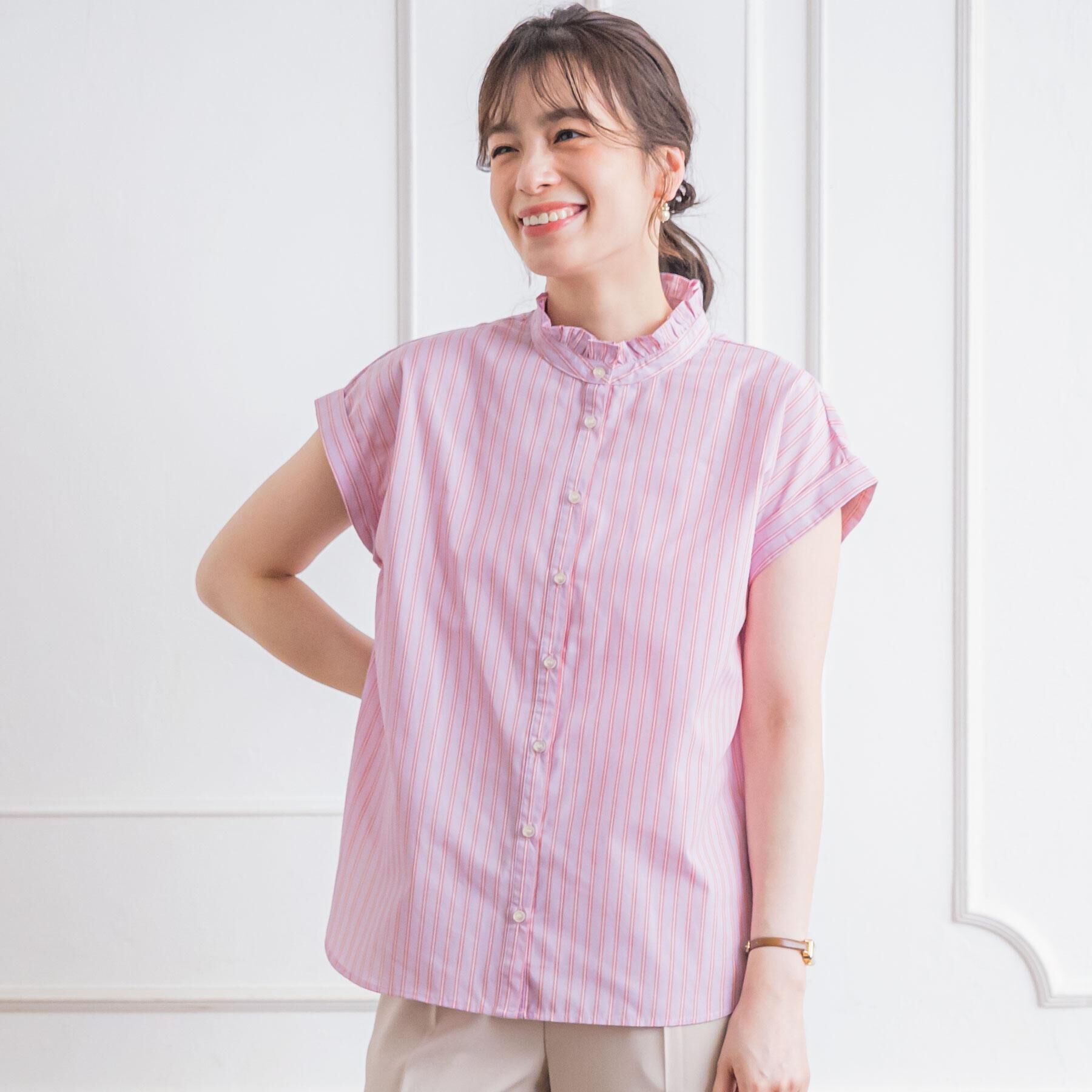 ITS&rsquo;DEMO「【手洗い可】スタンドフリルストライプブラウス」|シャツ・ブラウス|