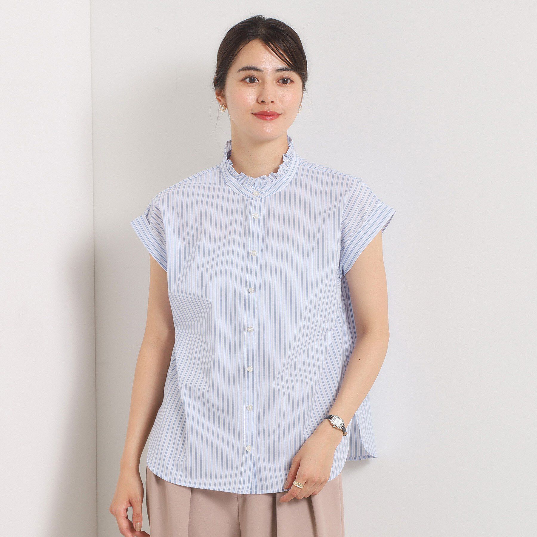 ITS&rsquo;DEMO「【手洗い可】スタンドフリルストライプブラウス」|シャツ・ブラウス|