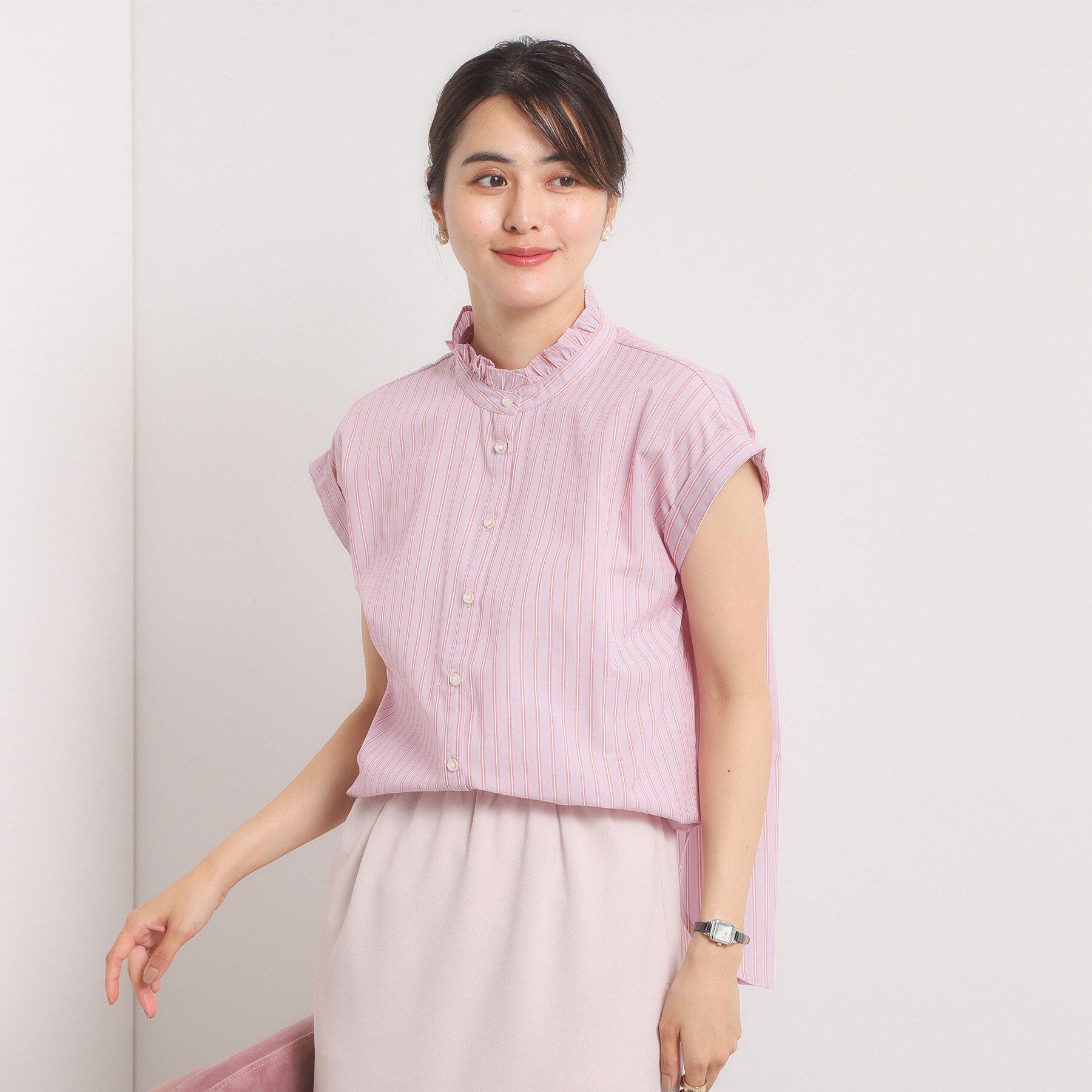 ITS&rsquo;DEMO「【手洗い可】スタンドフリルストライプブラウス」|シャツ・ブラウス|