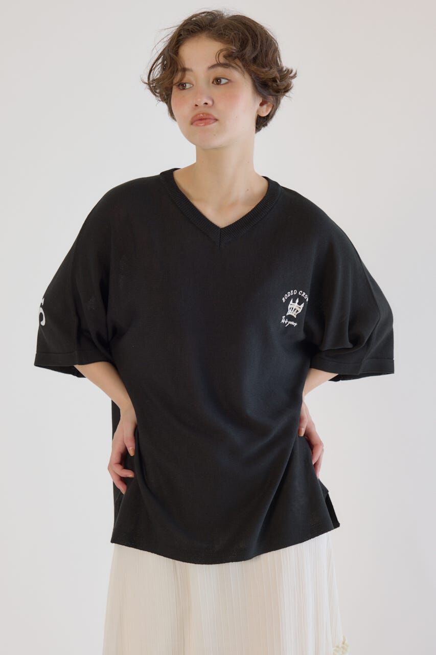 RODEO CROWNS「BIG LOGO5分袖ニットトップス」|ニット・セーター|BLK