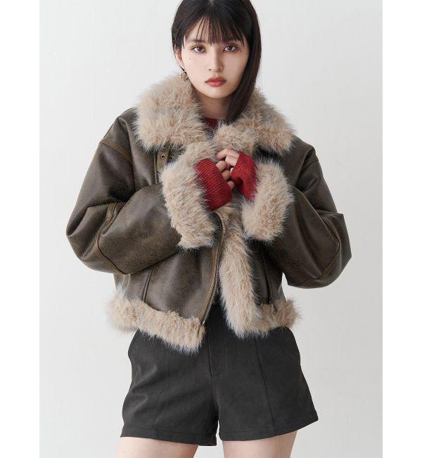 MURUA「アンイーブンショートフェイクムートンジャケット」|ブルゾン・スタジャン|カーキ