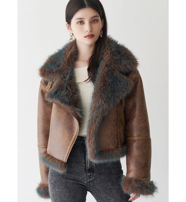 MURUA「アンイーブンショートフェイクムートンジャケット」|ブルゾン・スタジャン|キャメル