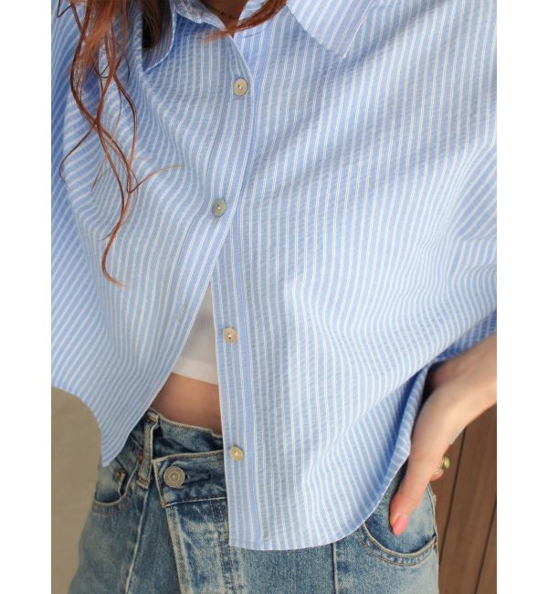 Ungrid「サッカーストライプハーフスリーブショートシャツ」|シャツ・ブラウス|