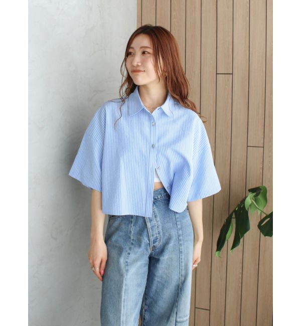 Ungrid「サッカーストライプハーフスリーブショートシャツ」|シャツ・ブラウス|ブルー