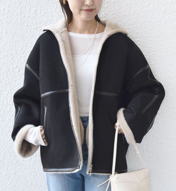 SHIPS for women「フェイク ムートン ジップ コート」|その他|ブラック