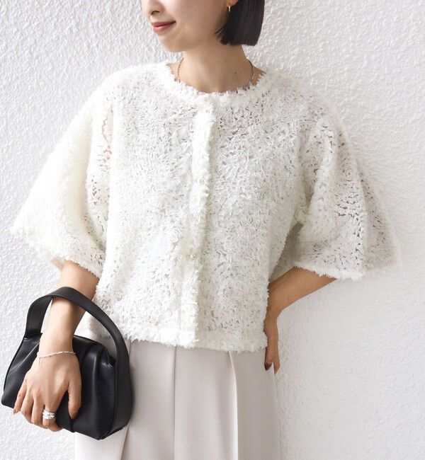 SHIPS for women「little black:〈手洗い可能〉パール 釦 フリル チュール 半袖 ブラウス」|シャツ・ブラウス|ホワイト