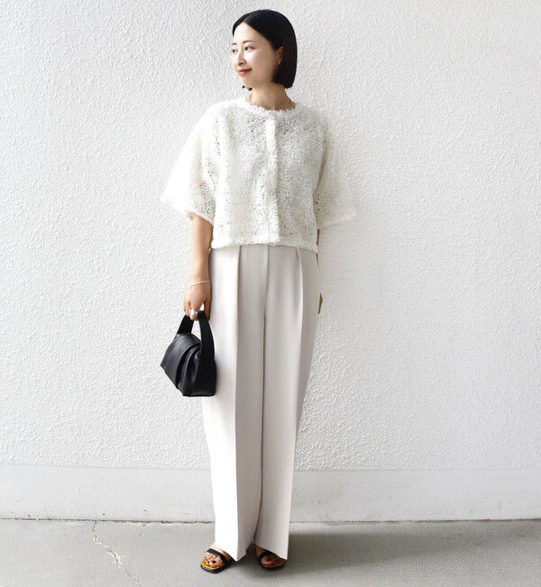 SHIPS for women「little black:〈手洗い可能〉パール 釦 フリル チュール 半袖 ブラウス」|シャツ・ブラウス|