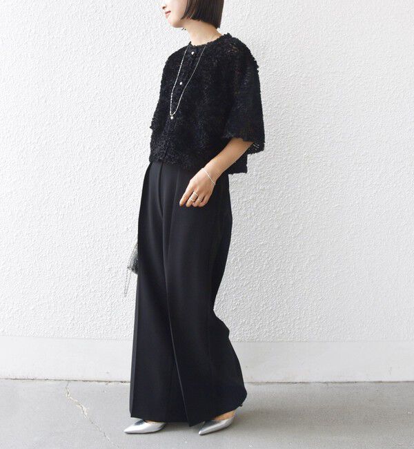 SHIPS for women「little black:〈手洗い可能〉パール 釦 フリル チュール 半袖 ブラウス」|シャツ・ブラウス|