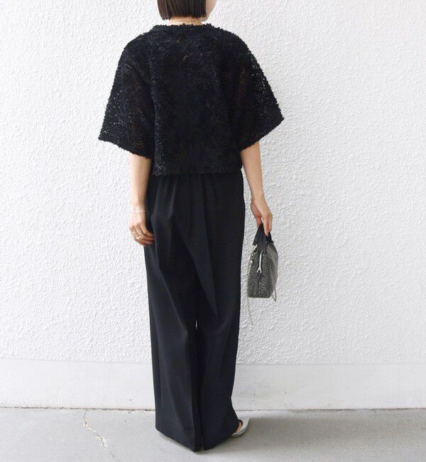 SHIPS for women「little black:〈手洗い可能〉パール 釦 フリル チュール 半袖 ブラウス」|シャツ・ブラウス|